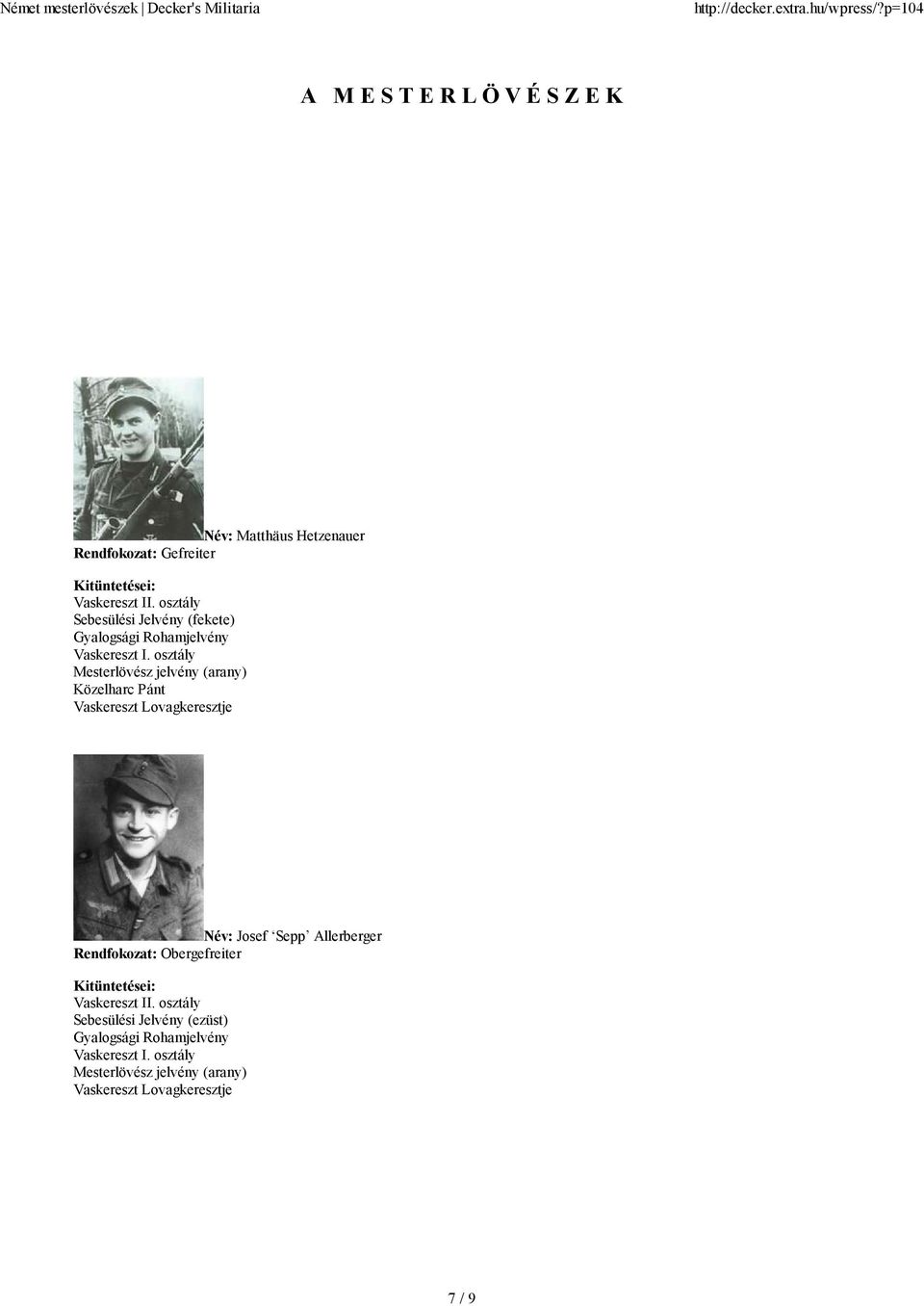 osztály Mesterlövész jelvény (arany) Közelharc Pánt Vaskereszt Lovagkeresztje Név: Josef Sepp Allerberger Rendfokozat: