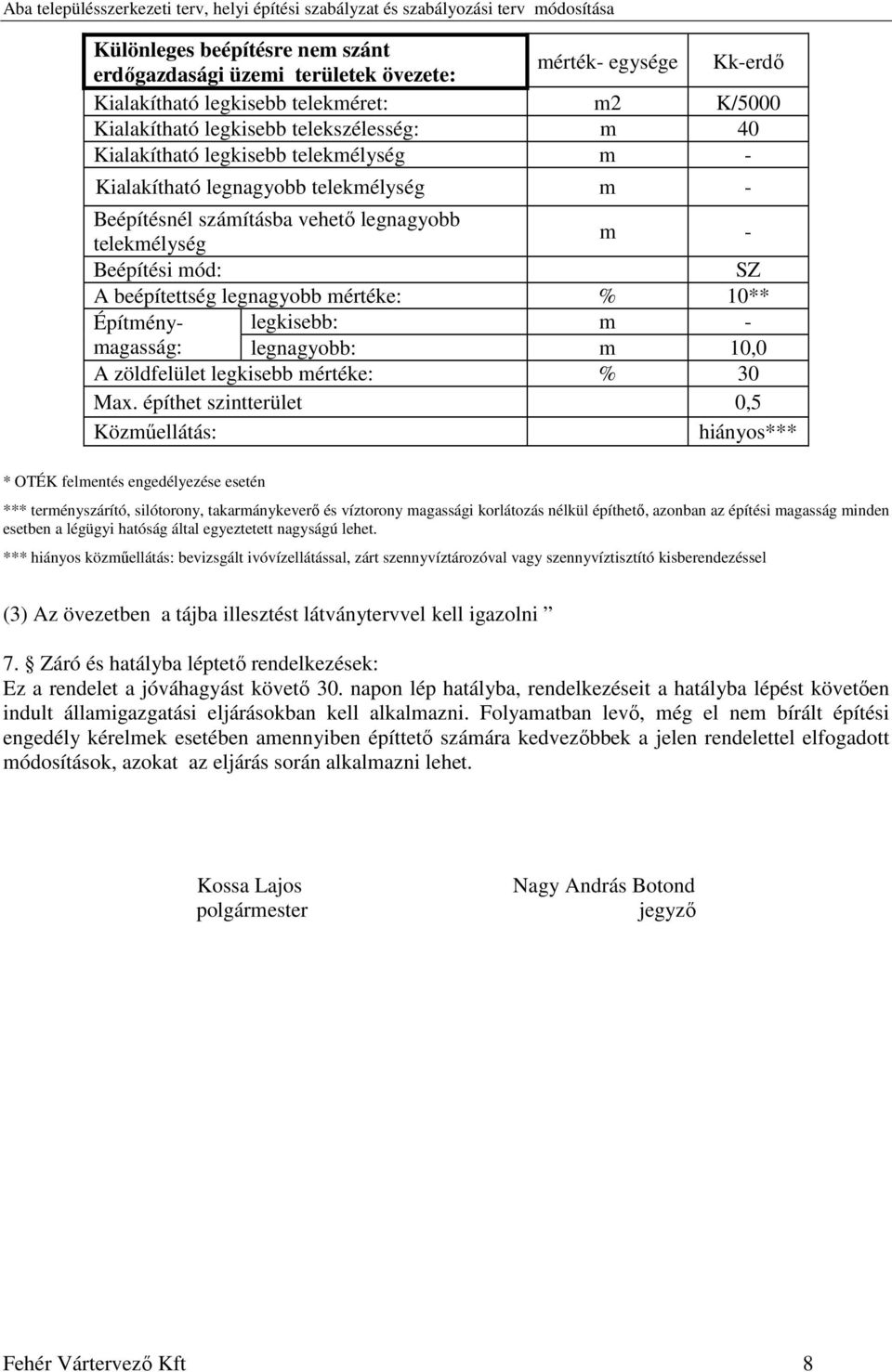 legkisebb: m - magasság: legnagyobb: m 10,0 A zöldfelület legkisebb mértéke: % 30 Max.