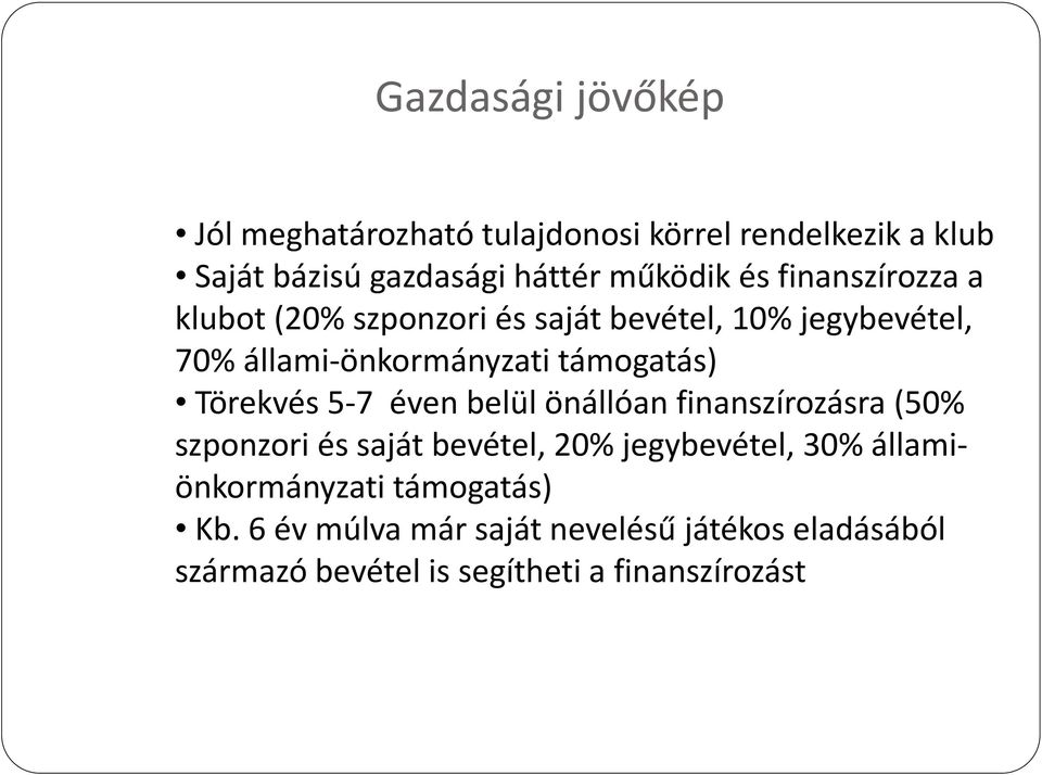 Törekvés 5-7 éven belül önállóan finanszírozásra (50% szponzori és saját bevétel, 20% jegybevétel, 30%