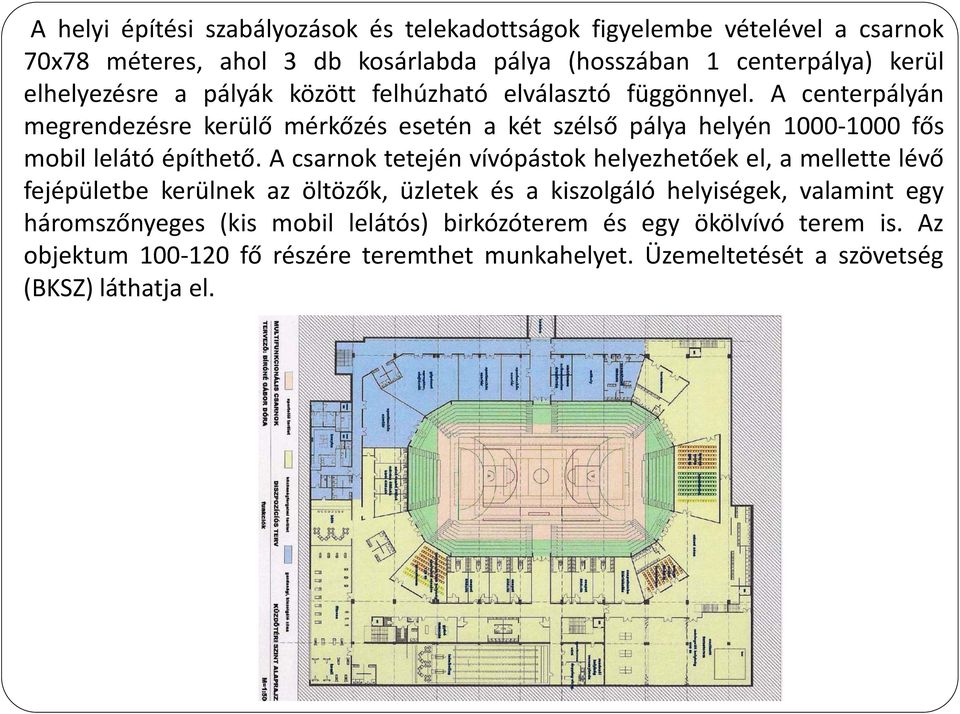 A centerpályán megrendezésre kerülő mérkőzés esetén a két szélső pálya helyén 1000-1000 fős mobil lelátó építhető.