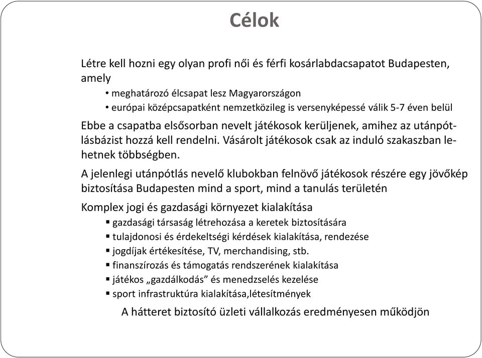 A jelenlegi utánpótlás nevelő klubokban felnövő játékosok részére egy jövőkép biztosítása Budapesten mind a sport, mind a tanulás területén Komplex jogi és gazdasági környezet kialakítása gazdasági