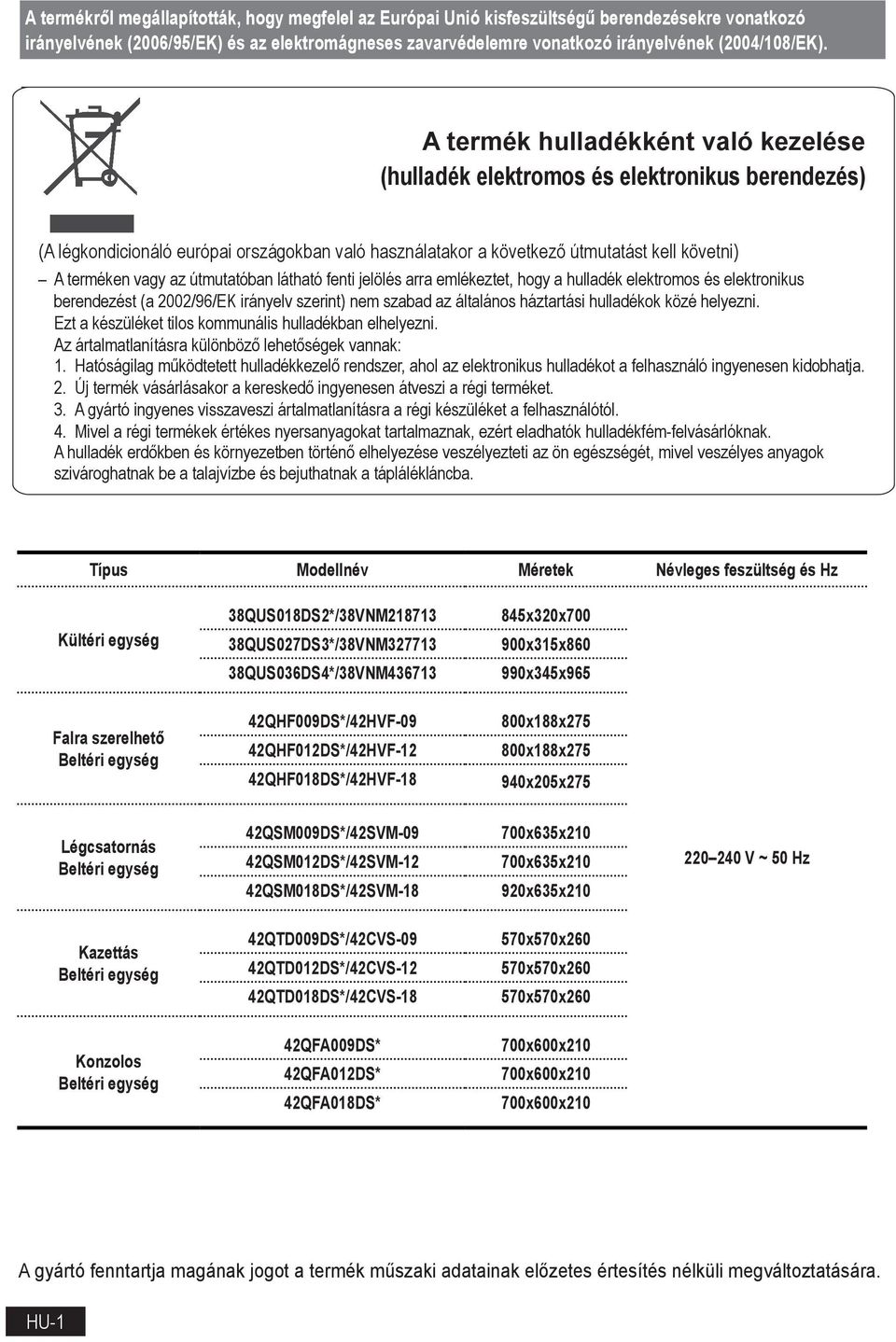 útmutatóban látható fenti jelölés arra emlékeztet, hogy a hulladék elektromos és elektronikus berendezést (a 2002/96/EK irányelv szerint) nem szabad az általános háztartási hulladékok közé helyezni.