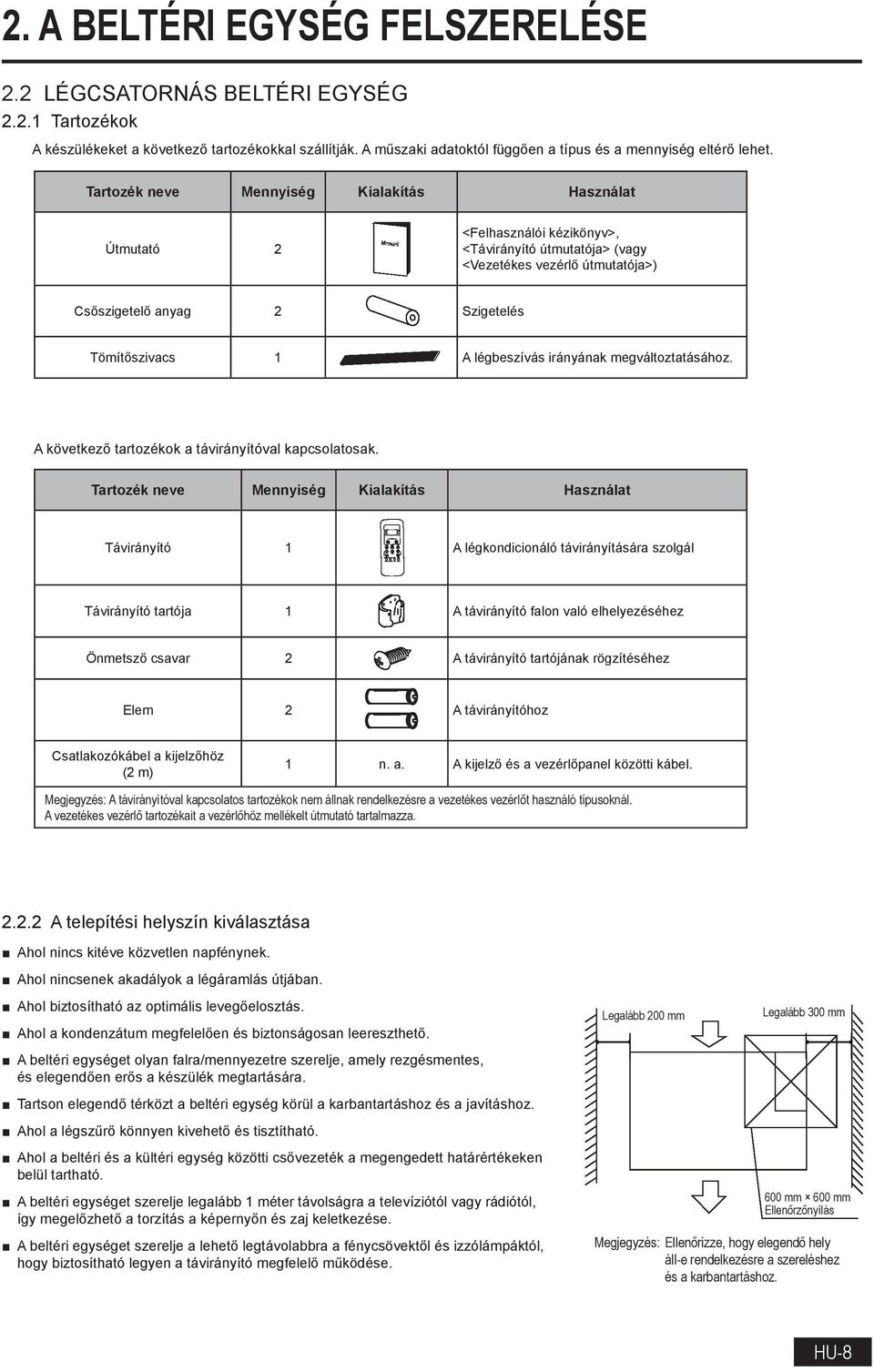 légbeszívás irányának megváltoztatásához. A következő tartozékok a távirányítóval kapcsolatosak.