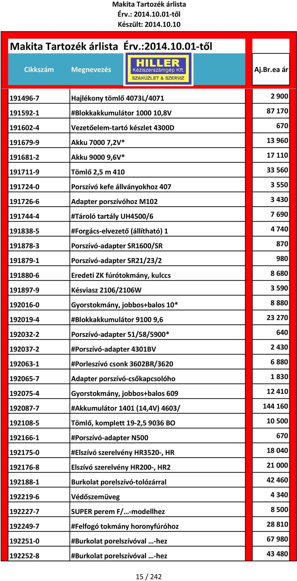 4 740 191878 3 Porszívó adapter SR1600/SR 870 191879 1 Porszívó adapter SR21/23/2 980 191880 6 Eredeti ZK fúrótokmány, kulccs 8 680 191897 9 Késviasz 2106/2106W 3 590 192016 0 Gyorstokmány,