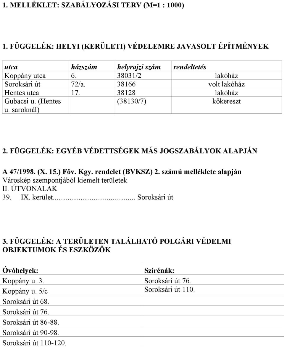 FÜGGELÉK: EGYÉB VÉDETTSÉGEK MÁS JOGSZABÁLYOK ALAPJÁN A 47/1998. (X. 15.) Főv. Kgy. rendelet (BVKSZ) 2. számú melléklete alapján Városkép szempontjából kiemelt területek II. ÚTVONALAK 39. IX.