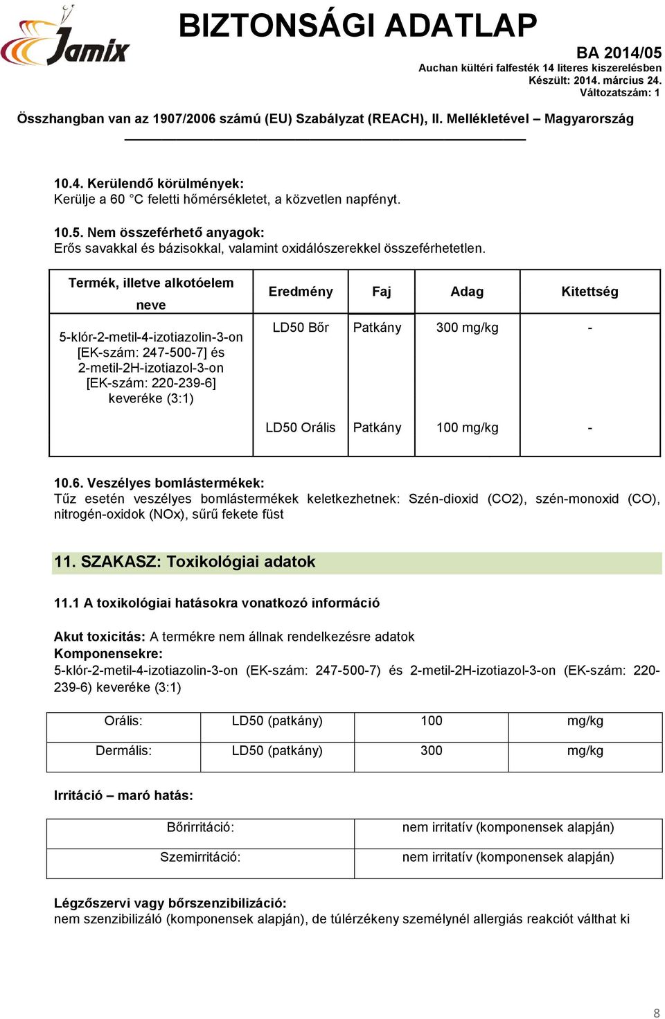 300 mg/kg - LD50 Orális Patkány 100 mg/kg - 10.6.