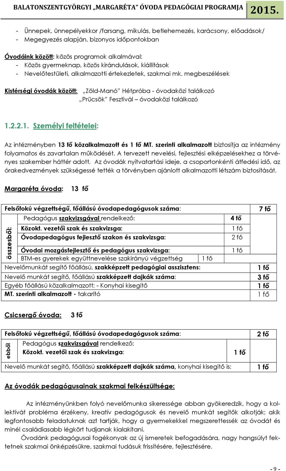 megbeszélések Kistérségi óvodák között: Zöld-Manó Hétpróba - óvodaközi találkozó Prücsök Fesztivál óvodaközi találkozó 1.2.2.1. Személyi feltételei: Az intézményben 13 fő közalkalmazott és 1 fő MT.