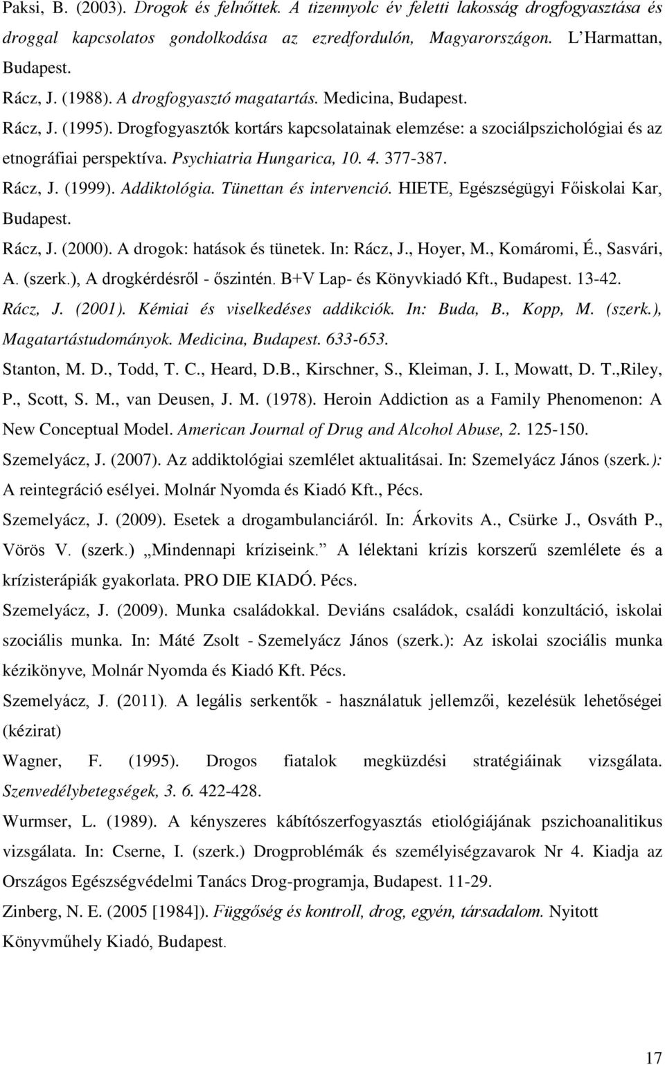 377-387. Rácz, J. (1999). Addiktológia. Tünettan és intervenció. HIETE, Egészségügyi Főiskolai Kar, Budapest. Rácz, J. (2000). A drogok: hatások és tünetek. In: Rácz, J., Hoyer, M., Komáromi, É.