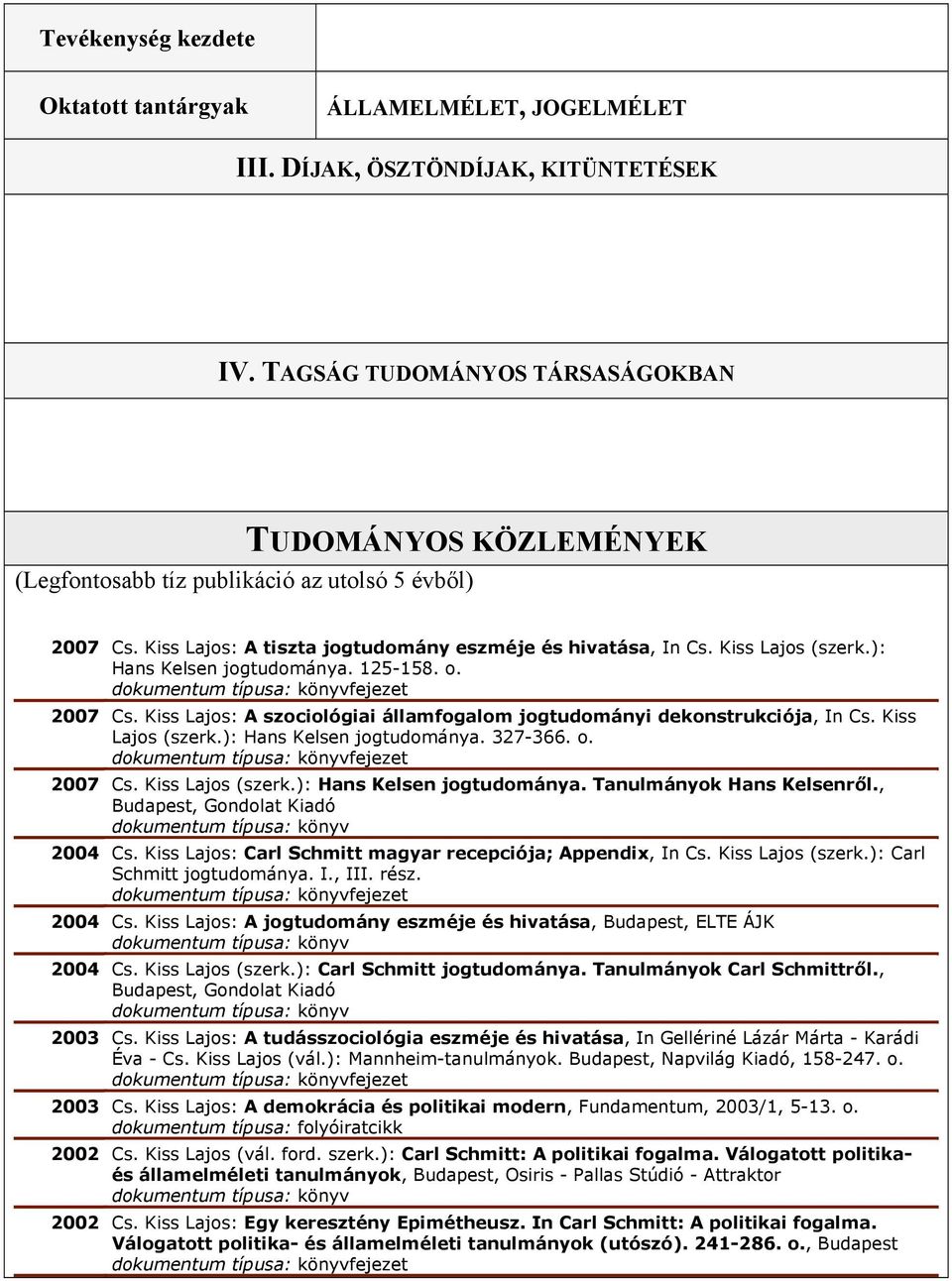 Kiss Lajos: A szociológiai államfogalom jogtudományi dekonstrukciója, In Cs. Kiss Lajos (szerk.): Hans Kelsen jogtudománya. 327-366. o. fejezet 2007 Cs. Kiss Lajos (szerk.): Hans Kelsen jogtudománya. Tanulmányok Hans Kelsenről.