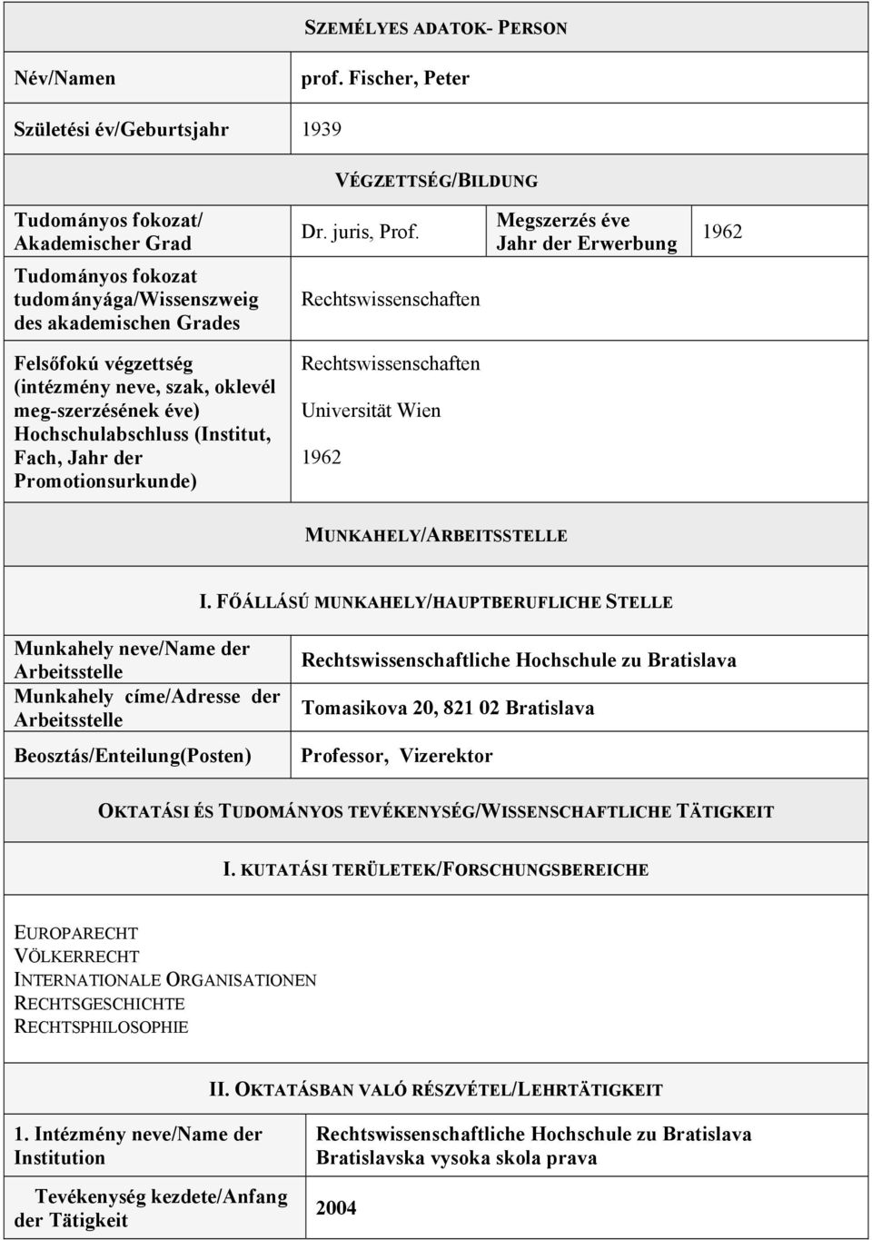 Rechtswissenschaften Megszerzés éve Jahr der Erwerbung 1962 Felsőfokú végzettség (intézmény neve, szak, oklevél meg-szerzésének éve) Hochschulabschluss (Institut, Fach, Jahr der Promotionsurkunde)