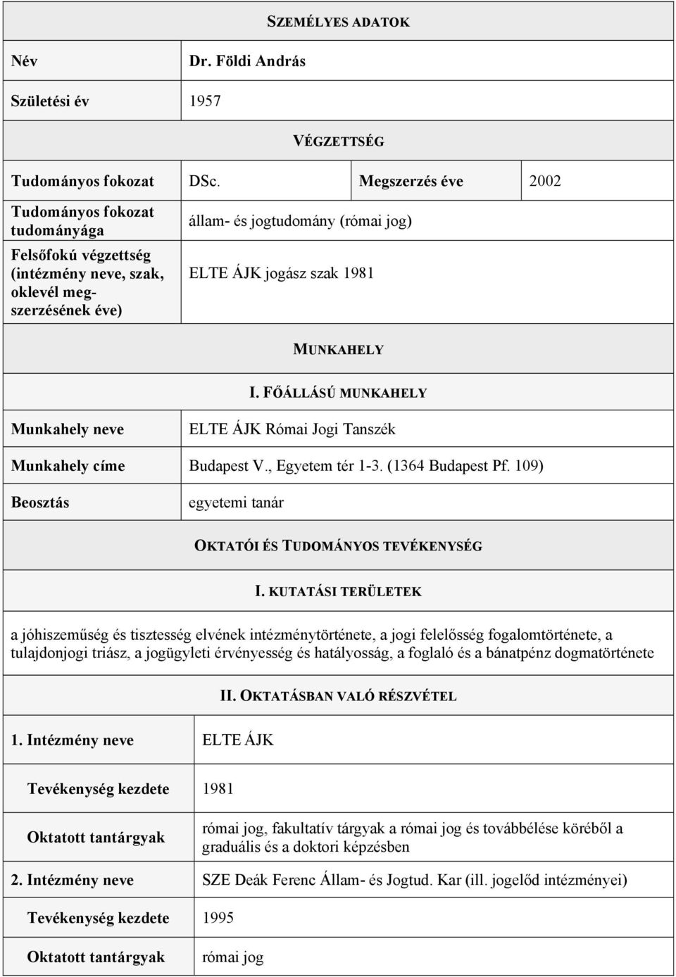 FŐÁLLÁSÚ MUNKAHELY Munkahely neve ELTE ÁJK Római Jogi Tanszék Munkahely címe Budapest V., Egyetem tér 1-3. (1364 Budapest Pf. 109) Beosztás egyetemi tanár OKTATÓI ÉS TUDOMÁNYOS TEVÉKENYSÉG I.