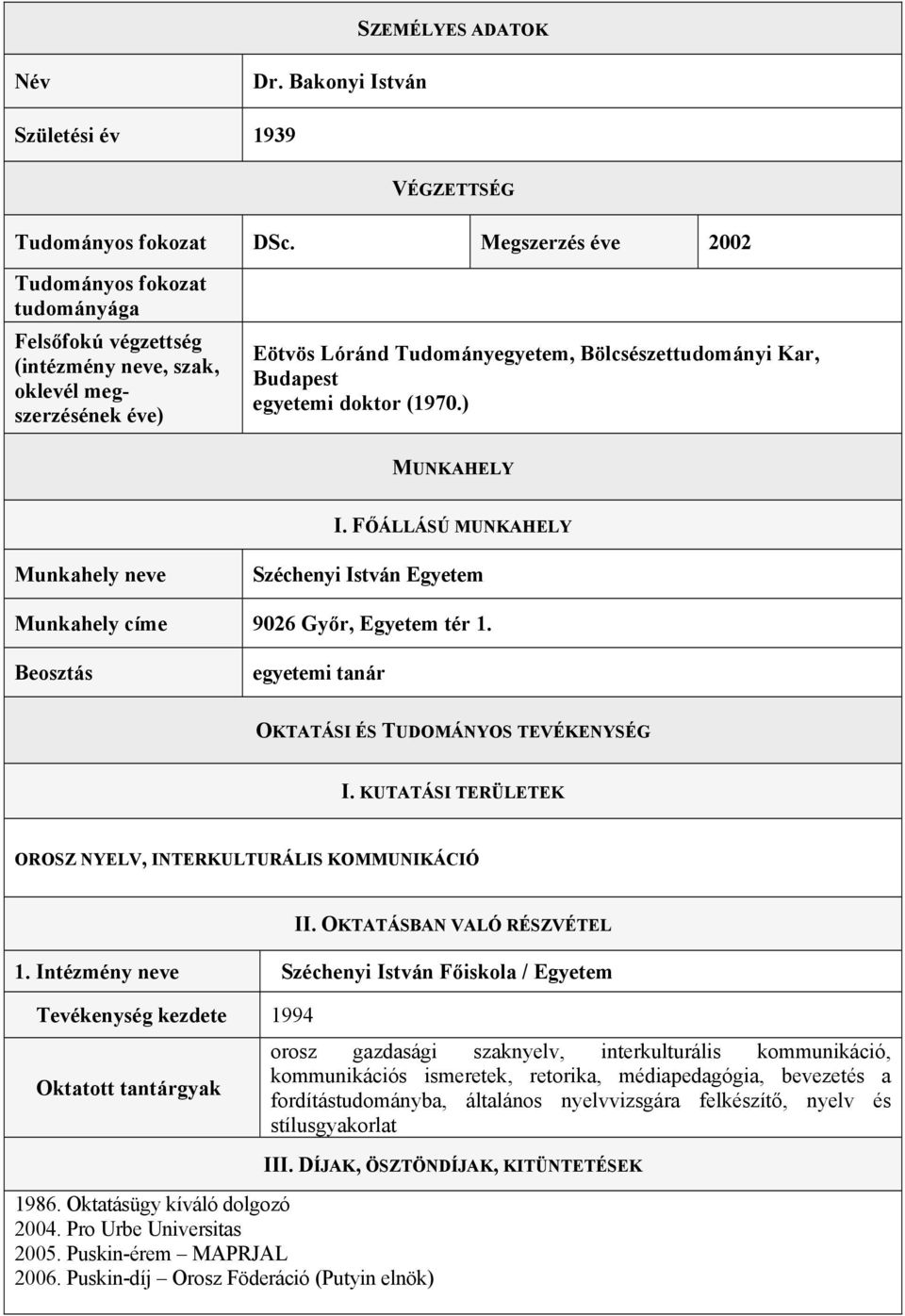 doktor (1970.) MUNKAHELY I. FŐÁLLÁSÚ MUNKAHELY Munkahely neve Széchenyi István Egyetem Munkahely címe 9026 Győr, Egyetem tér 1. Beosztás egyetemi tanár OKTATÁSI ÉS TUDOMÁNYOS TEVÉKENYSÉG I.