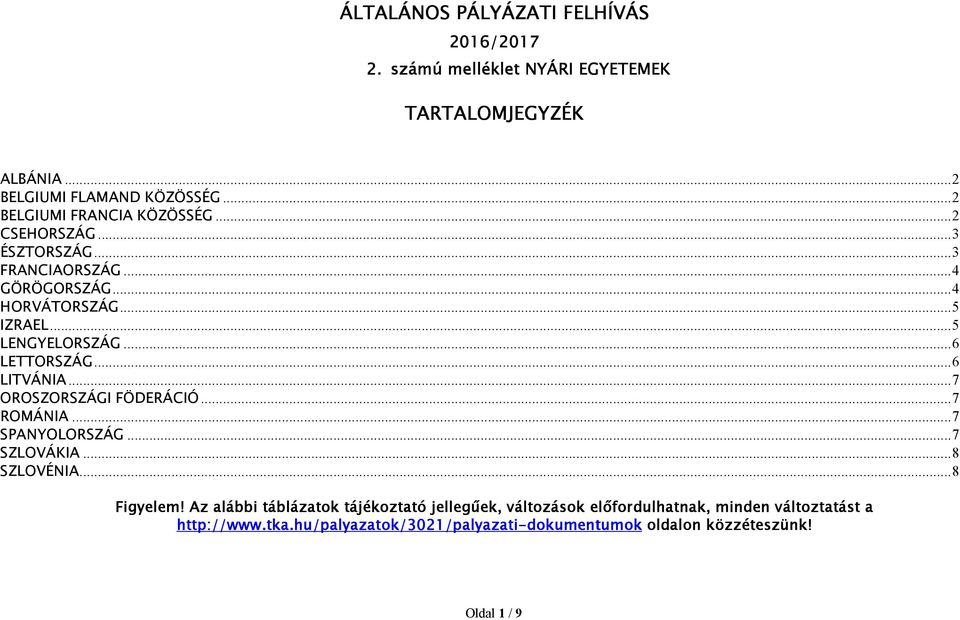 .. 6 LETTORSZÁG... 6 LITVÁNIA... 7 OROSZORSZÁGI FÖDERÁCIÓ... 7 ROMÁNIA... 7 SPANYOLORSZÁG... 7 SZLOVÁKIA... 8 SZLOVÉNIA... 8 Figyelem!