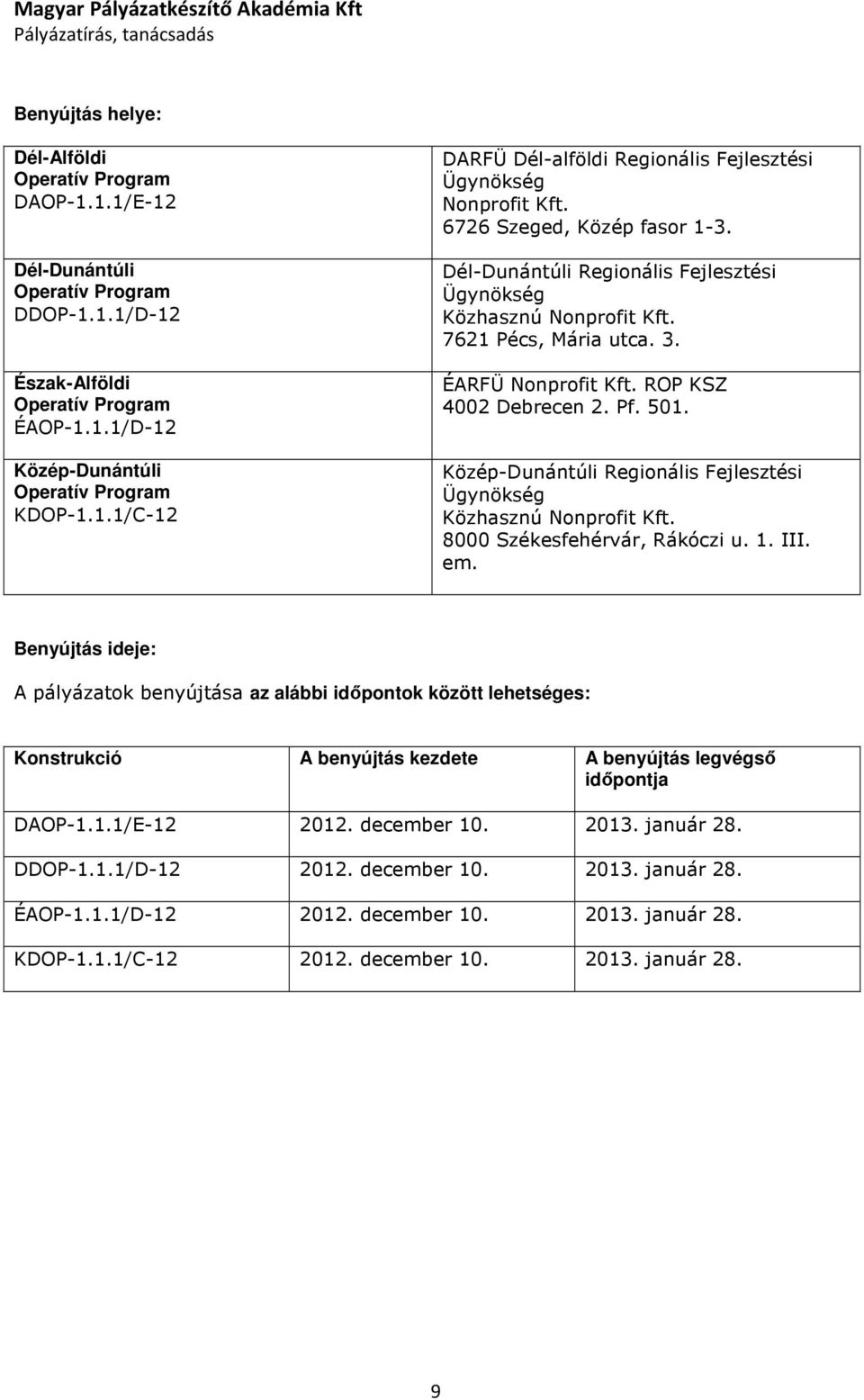 Közép-Dunántúli Regionális Fejlesztési Ügynökség Közhasznú Nonprofit Kft. 8000 Székesfehérvár, Rákóczi u. 1. III. em.