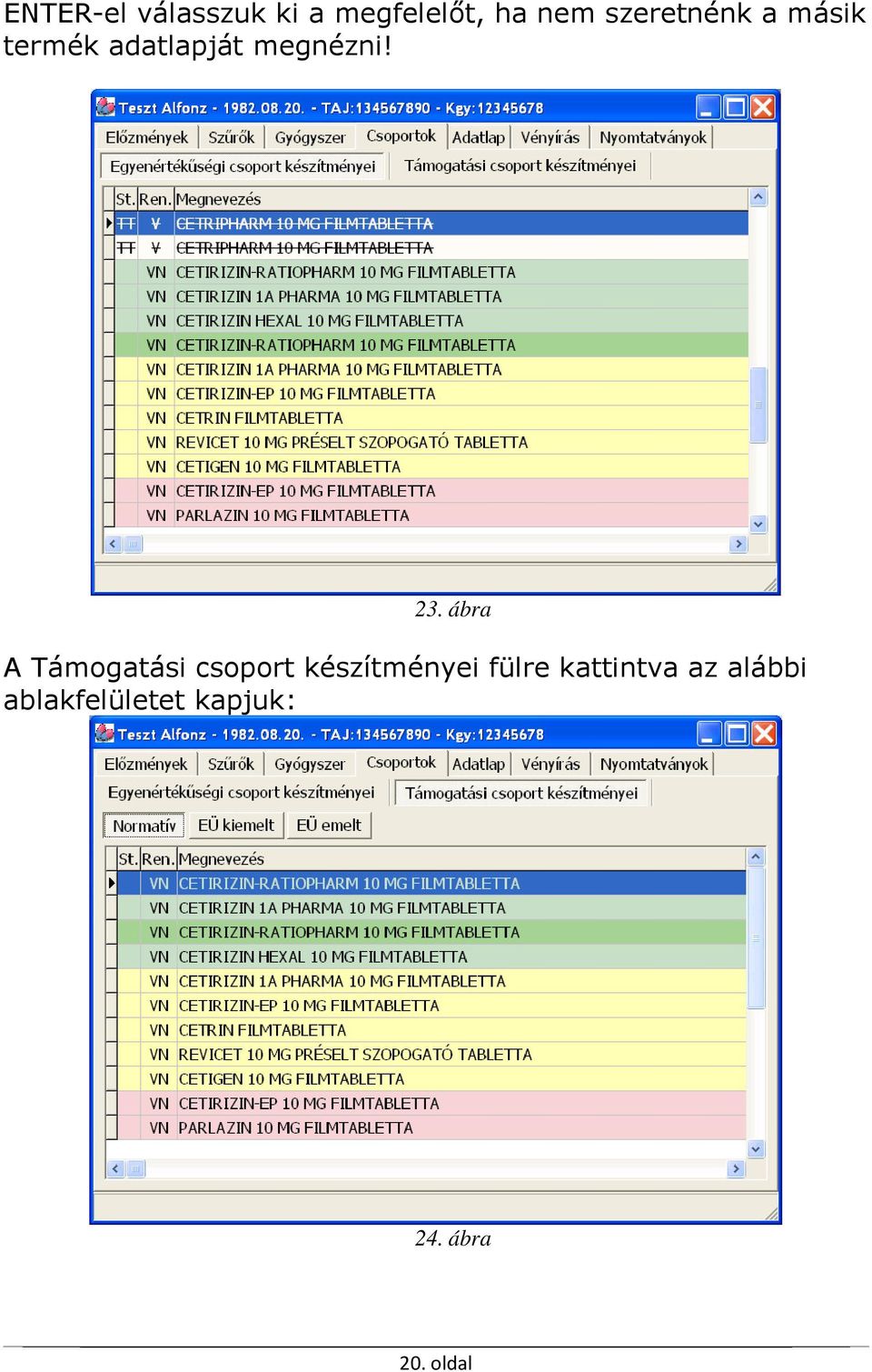 ábra A Támogatási csoport készítményei fülre