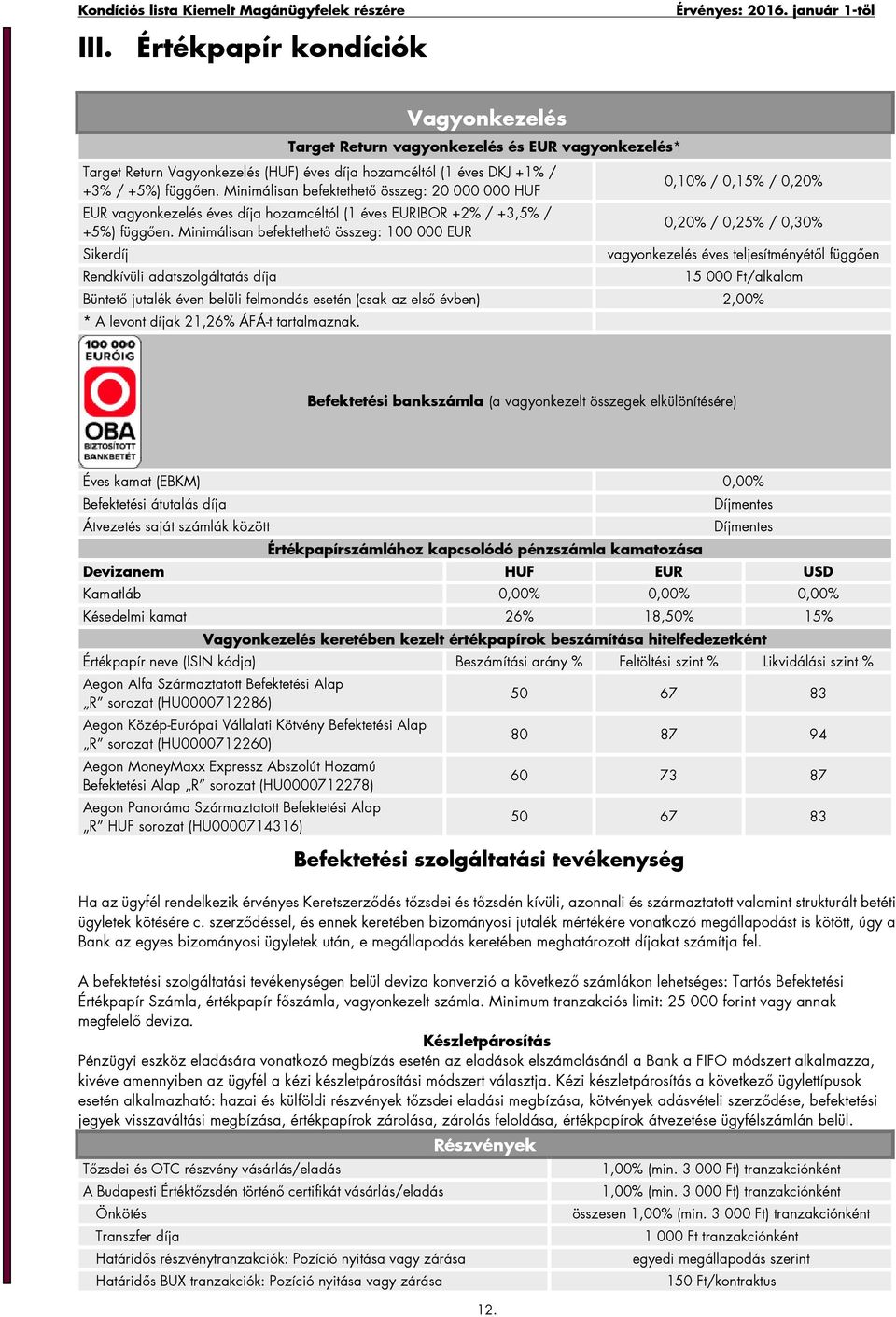 Minimálisan befektethető összeg: 100 000 EUR Sikerdíj Rendkívüli adatszolgáltatás díja 0,10% / 0,15% / 0,20% 0,20% / 0,25% / 0,30% vagyonkezelés éves teljesítményétől függően 15 000 Ft/alkalom