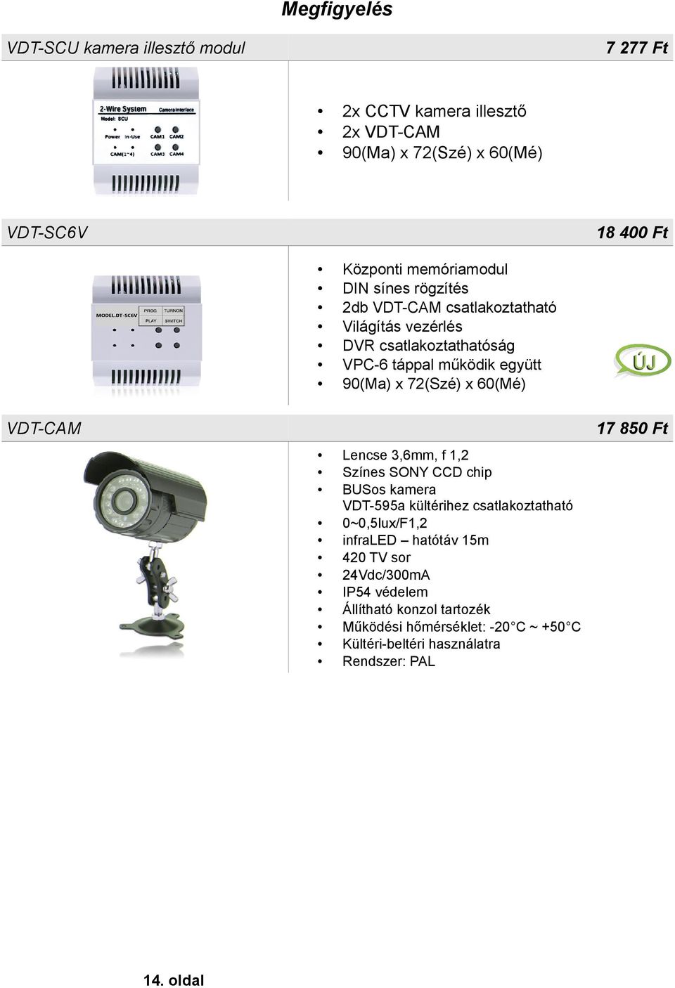 72(Szé) x 60(Mé) VDT-CAM Lencse 3,6mm, f 1,2 Színes SONY CCD chip BUSos kamera VDT-595a kültérihez csatlakoztatható 0~0,5lux/F1,2 infraled hatótáv