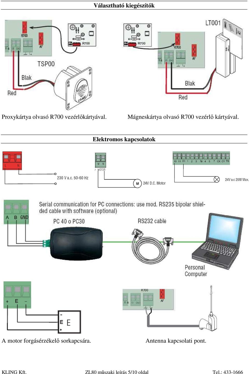 Elektromos kapcsolatok A motor forgásérzékelı sorkapcsára.