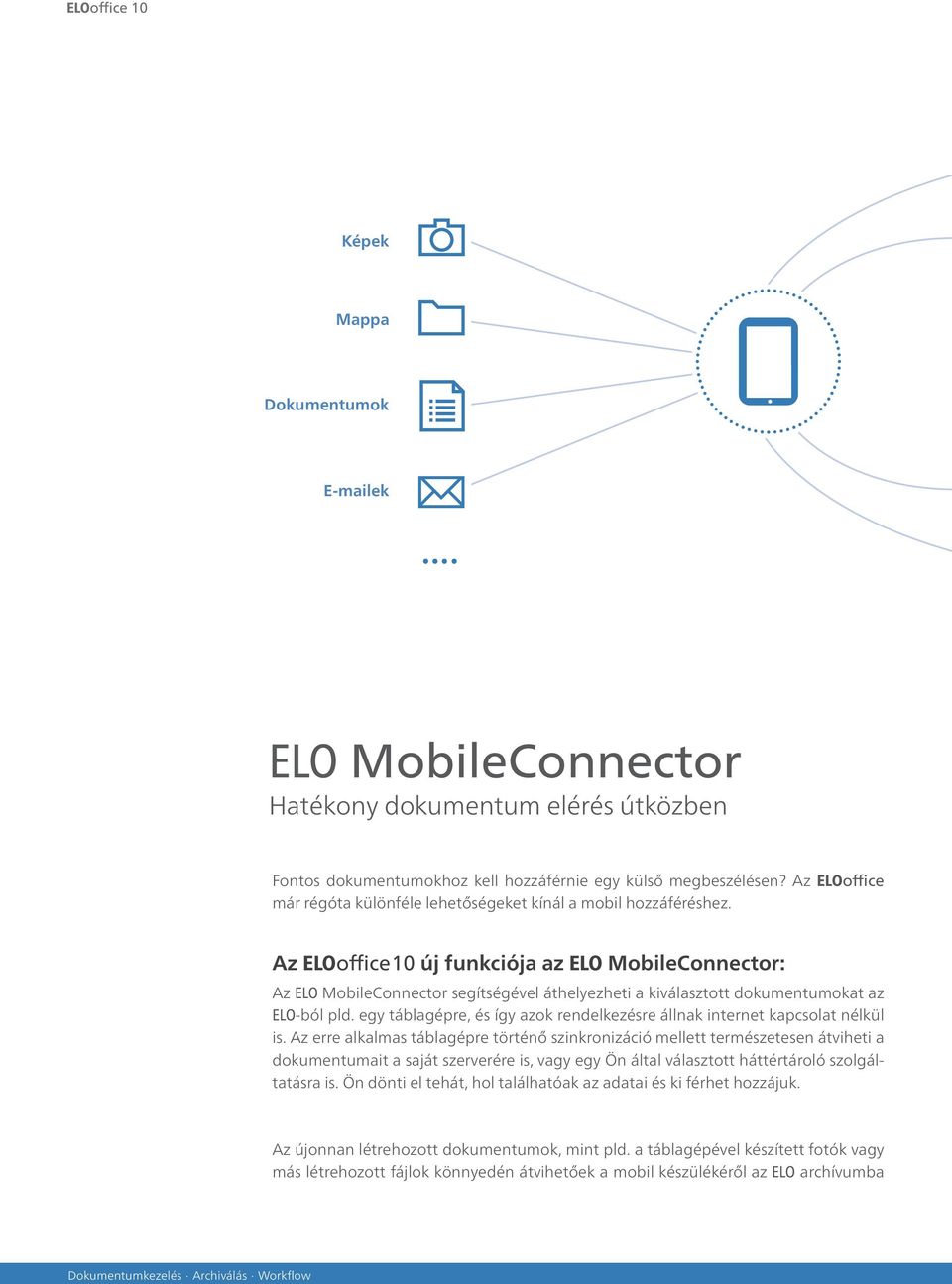 Az ELOoffice 10 új funkciója az ELO MobileConnector: Az ELO MobileConnector segítségével áthelyezheti a kiválasztott dokumentumokat az ELO-ból pld.