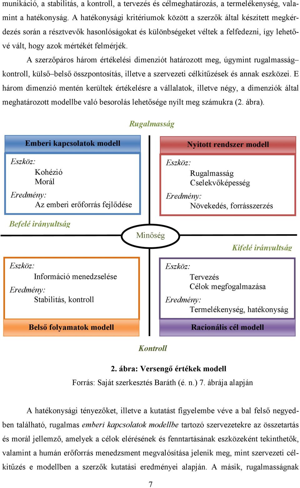A szerzőpáros három értékelési dimenziót határozott meg, úgymint rugalmasság kontroll, külső belső összpontosítás, illetve a szervezeti célkitűzések és annak eszközei.