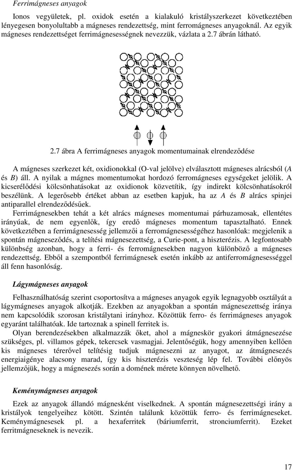 7 ábrán látható. 2.7 ábra A ferrimágneses anyagok momentumainak elrendezdése A mágneses szerkezet két, oxidionokkal (O-val jelölve) elválasztott mágneses alrácsból (A és B) áll.