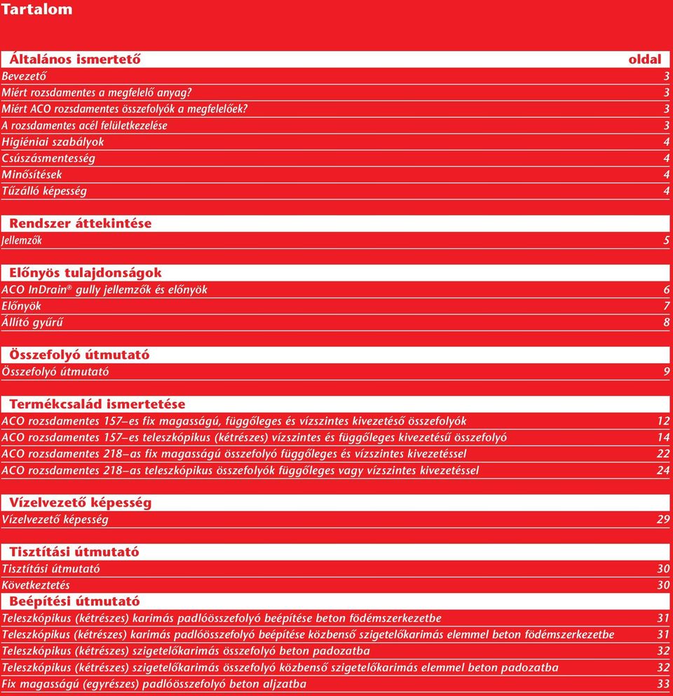 elônyök 6 Elônyök 7 Állító gyûrû 8 Összefolyó útmutató Összefolyó útmutató 9 Termékcsalád ismertetése ACO rozsdamentes 157 es fix magasságú, függôleges és vízszintes kivezetésô összefolyók 12 ACO