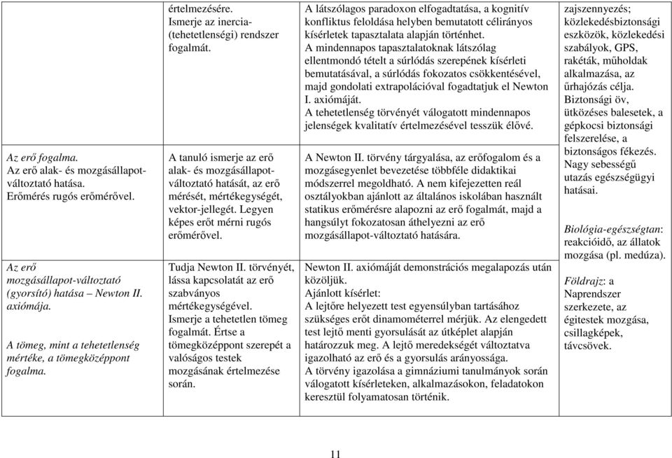 A tanuló ismerje az erő alak- és mozgásállapotváltoztató hatását, az erő mérését, mértékegységét, vektor-jellegét. Legyen képes erőt mérni rugós erőmérővel. Tudja Newton II.