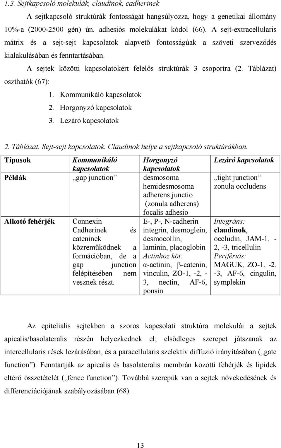 A sejtek közötti kapcsolatokért felelős struktúrák 3 csoportra (2. Táblázat) oszthatók (67): 1. Kommunikáló kapcsolatok 2. Horgonyzó kapcsolatok 3. Lezáró kapcsolatok 2. Táblázat. Sejt-sejt kapcsolatok.