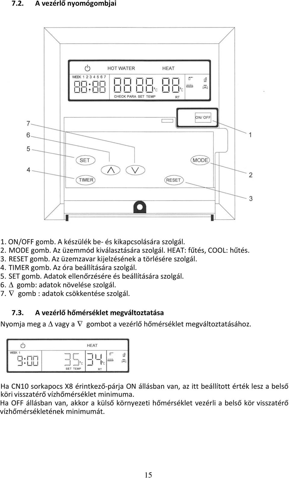 gomb : adatok csökkentése szolgál. 7.3. A vezérlő hőmérséklet megváltoztatása Nyomja meg a vagy a gombot a vezérlő hőmérséklet megváltoztatásához.