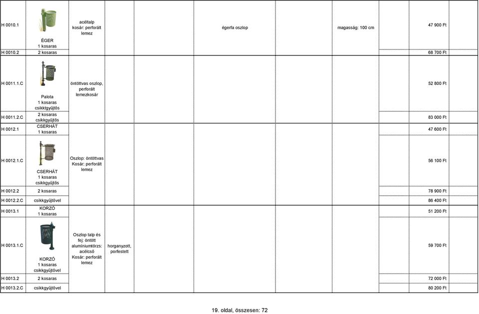 2 2 kosaras 78 900 Ft H 0012.2.C csikkgyűjtővel 86 400 Ft H 0013.1 KORZÓ 1 kosaras 51 200 Ft H 0013.1.C KORZÓ 1 kosaras csikkgyűjtővel Oszlop talp és fej: öntött alumíniumtörzs: acélcső Kosár: perforált lemez 59 700 Ft H 0013.