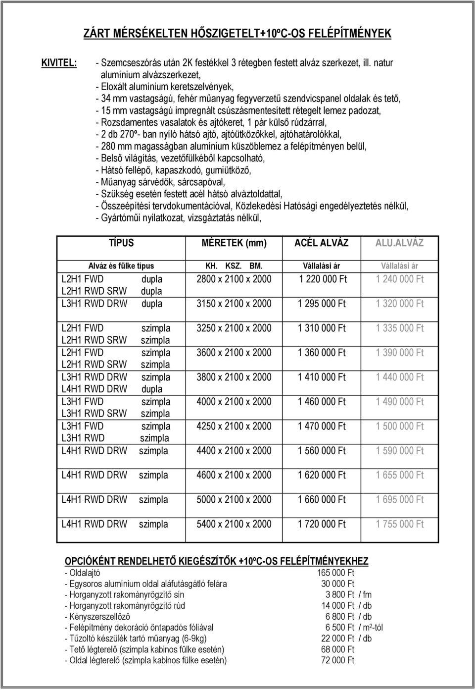 rétegelt lemez padozat, - Rozsdamentes vasalatok és ajtókeret, 1 pár külső rúdzárral, - 2 db 270º- ban nyíló hátsó ajtó, ajtóütközőkkel, ajtóhatárolókkal, - 280 mm magasságban alumínium küszöblemez a