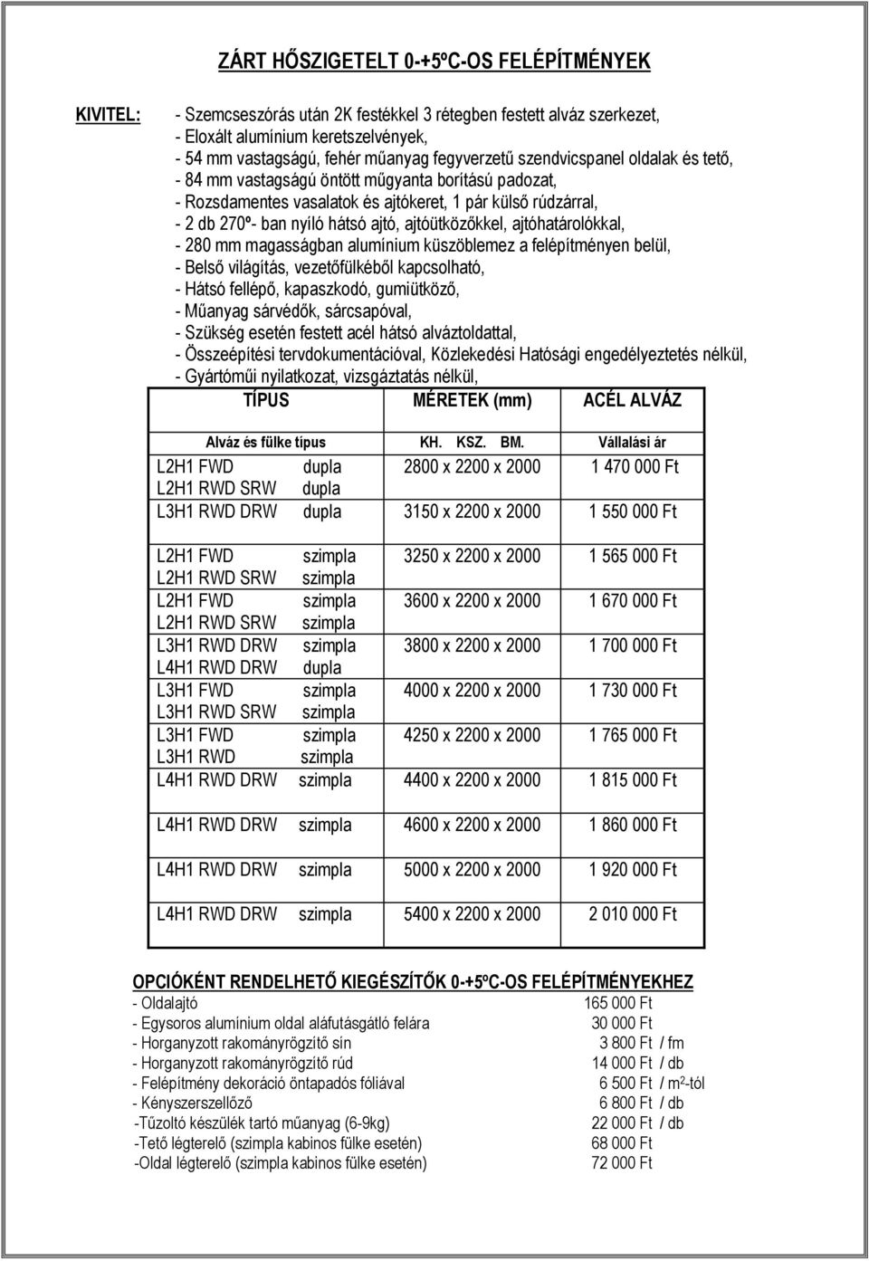 ajtóhatárolókkal, - 280 mm magasságban alumínium küszöblemez a felépítményen belül, - Belső világítás, vezetőfülkéből kapcsolható, - Hátsó fellépő, kapaszkodó, gumiütköző, - Műanyag sárvédők,