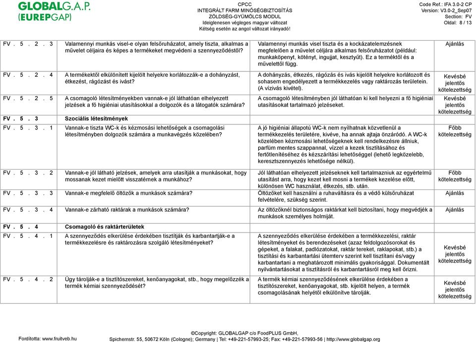 Szociális létesítmények FV. 5. 3. 1 Vannak-e tiszta WC-k és kézmosási lehet"ségek a csomagolási létesítményben dolgozók számára a munkavégzés közelében?