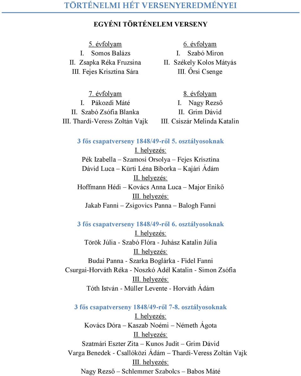 osztályosoknak I. helyezés: Pék Izabella Szamosi Orsolya Fejes Krisztina Dávid Luca Kürti Léna Bíborka Kajári Ádám II. helyezés: Hoffmann Hédi Kovács Anna Luca Major Enikő III.
