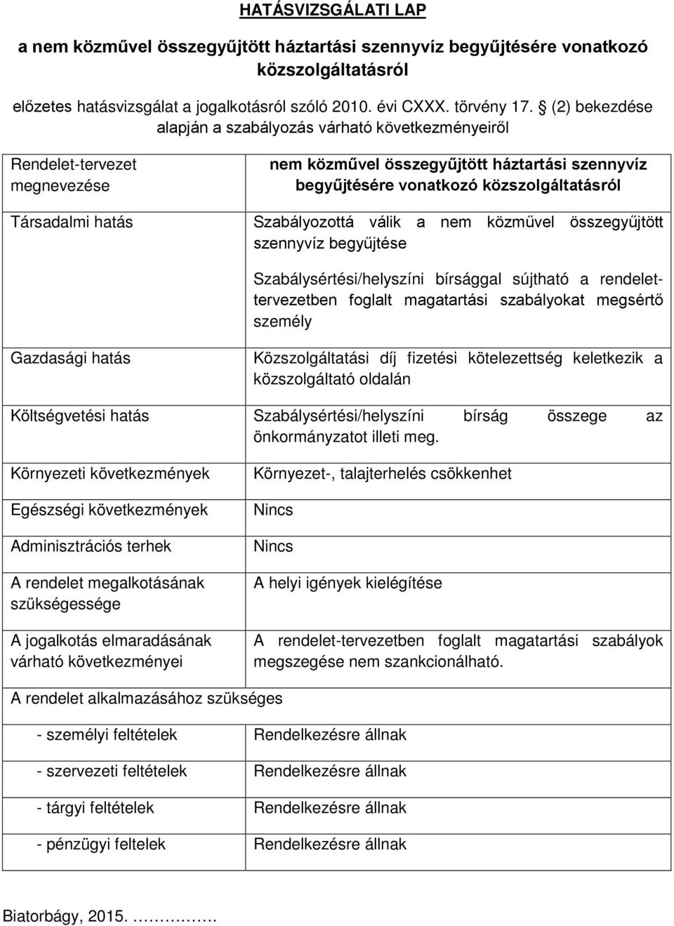 Szabályozottá válik a nem közművel összegyűjtött szennyvíz begyűjtése Szabálysértési/helyszíni bírsággal sújtható a rendelettervezetben foglalt magatartási szabályokat megsértő személy Gazdasági