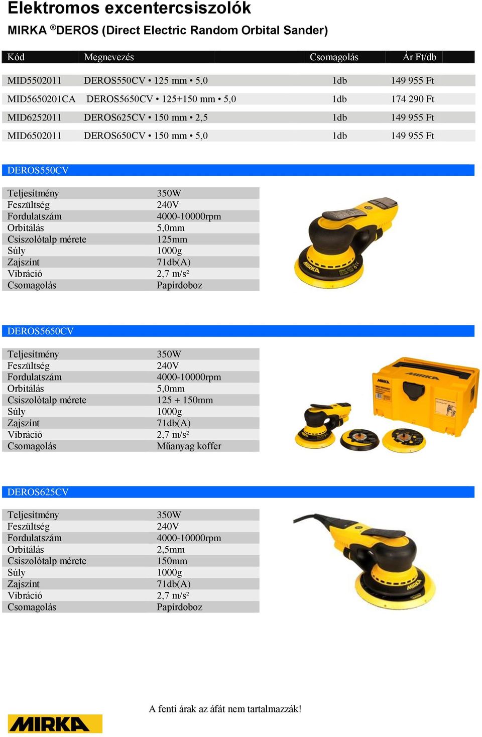 DEROS550CV Feszültség Csomagolás 350W 240V 4000-10000rpm 125mm 1000g 71db(A) 2,7 m/s² Papírdoboz DEROS5650CV Feszültség Csomagolás 350W 240V