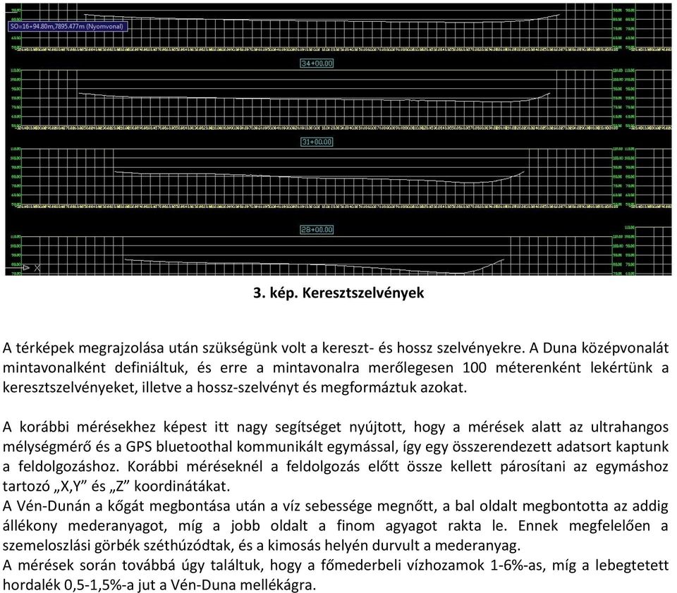 A korábbi mérésekhez képest itt nagy segítséget nyújtott, hogy a mérések alatt az ultrahangos mélységmérő és a GPS bluetoothal kommunikált egymással, így egy összerendezett adatsort kaptunk a