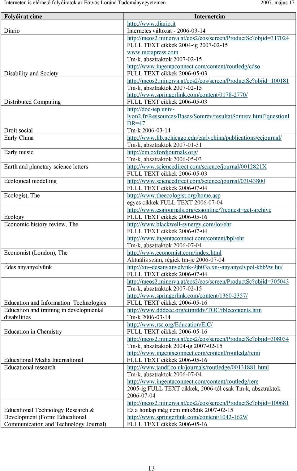 Educational research Educational Technology Research & Development (Form: Educational Communication and Technology Journal) http://www.diario.it Internetes változat - 2006-03-14 http://meos2.minerva.