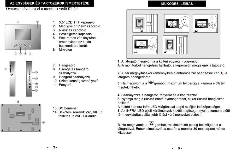 DC bemenet 14. Bekötési sorrend: Zár, VIDEO földelés +12VDC & audio 1. A látogató megnyomja a kültéri egység hívógombot. A. A monitorból hangjelzés hallható, a képernyőn megjelenik a látogató. 2.