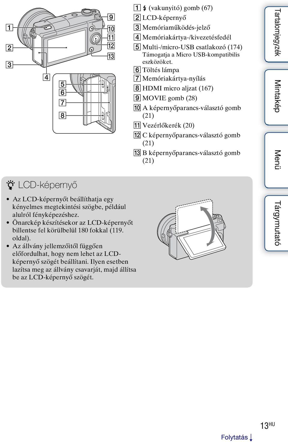 A (vakunyitó) gomb (67) B LCD-képernyő C Memóriaműködés-jelző D Memóriakártya-/kivezetésfedél E Multi-/micro-USB csatlakozó (174) Támogatja a Micro USB-kompatibilis eszközöket.