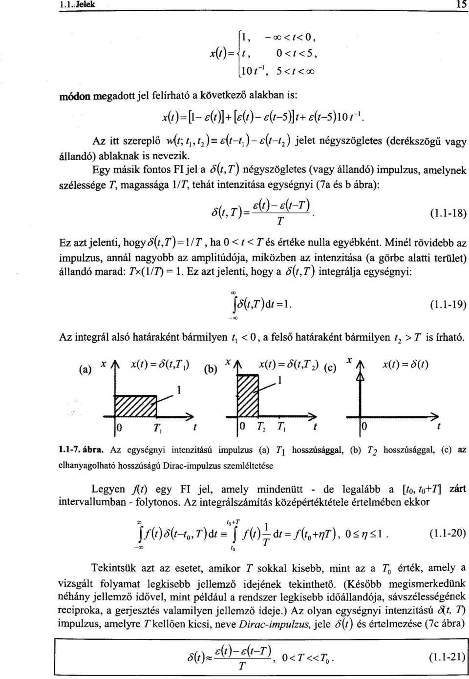 Egy másik fontos FI jel a ő(t, T) négyszögletes (vagy állandó) impulzus, amelynek szélessége T, magassága l/t, tehát intenzitása egységnyi (7a és b ábra): ő{tt)=e(t)-s{t-t) (1.