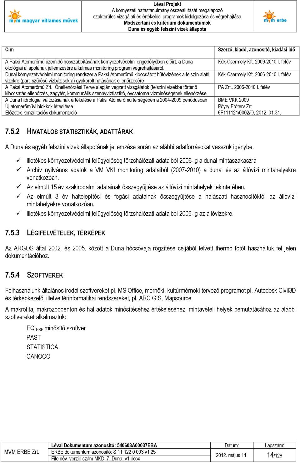 Dunai környezetvédelmi monitoring rendszer a Paksi Atomerőmű kibocsátott hűtővizének a felszín alatti Kék-Csermely Kft. 2006-2010 I.