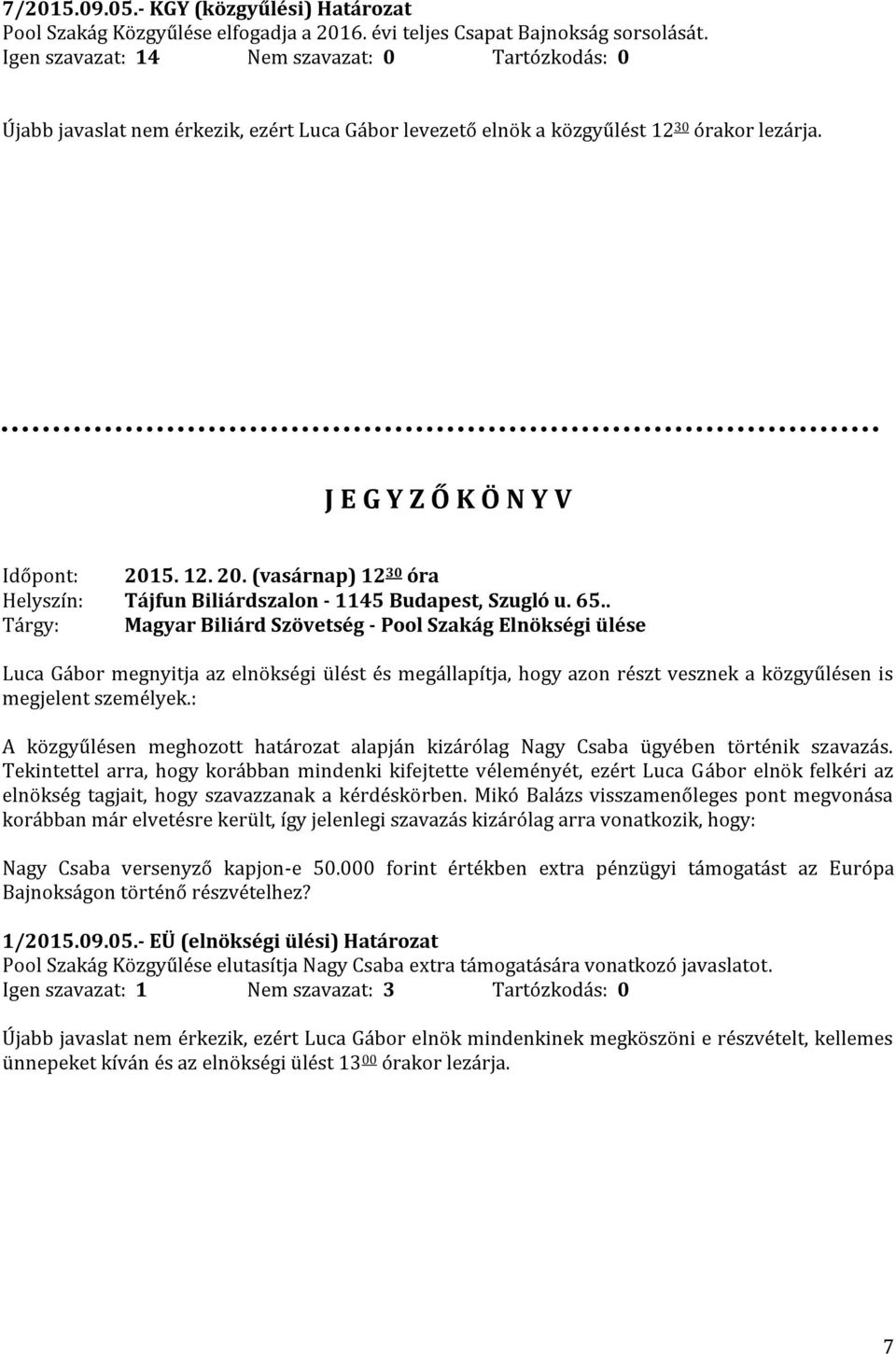 Luca Gábor levezető elnök Kecskés Gyula jegyzőkönyv vezető Novák Zoltán jegyzőkönyv hitelesítő Békési László jegyzőkönyv hitelesítő J E G Y Z Ő K Ö N Y V Időpont: 201