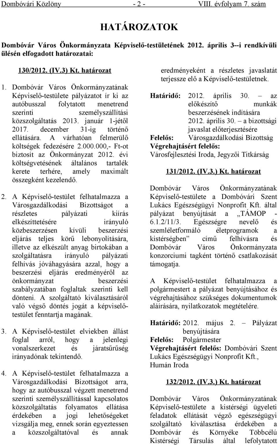 december 31-ig történő ellátására. A várhatóan felmerülő költségek fedezésére 2.000.000,- Ft-ot biztosít az Önkormányzat 2012.