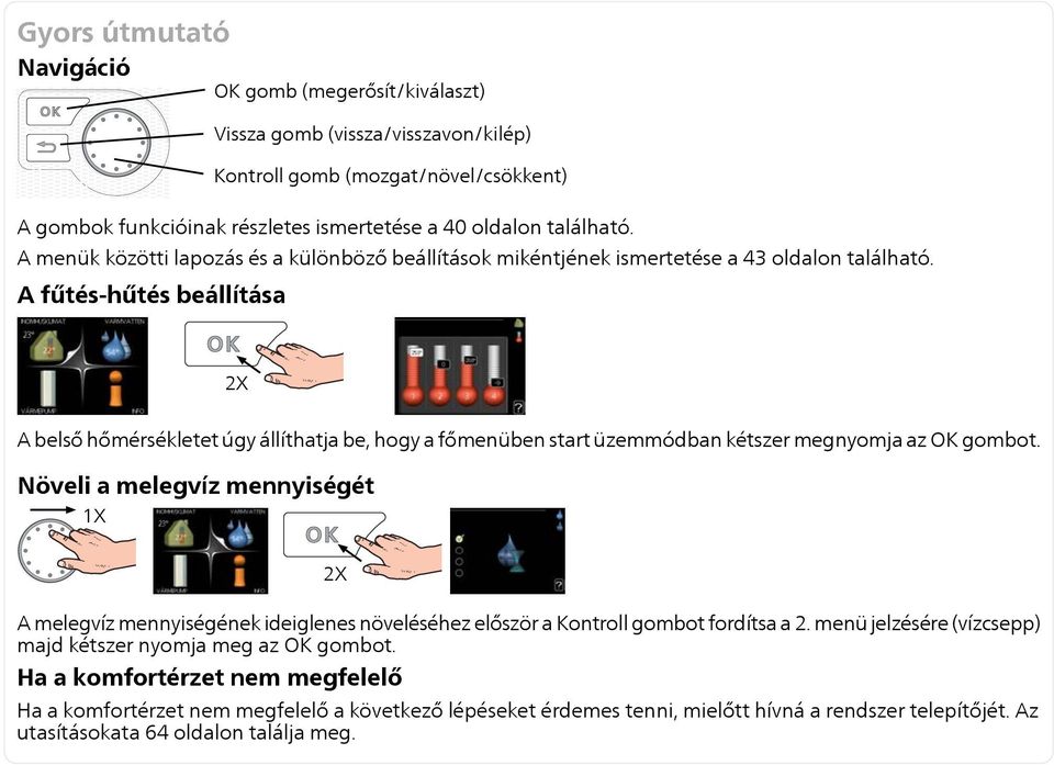 A fűtéshűtés beállítása 2X A belső hőmérsékletet úgy állíthatja be, hogy a főmenüben start üzemmódban kétszer megnyomja az OK gombot.
