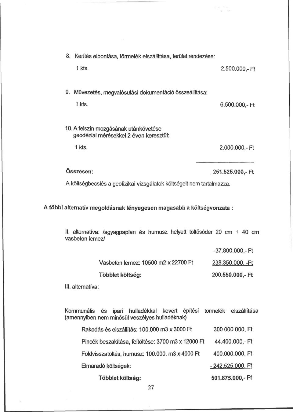 A többi alternatív megoldásnak lényegesen magasabb a költségvonzata : II. alternatíva: /agyagpaplan és humusz helyett töltősóder 20 cm + 40 cm vasbeton lemez/ -37.800.