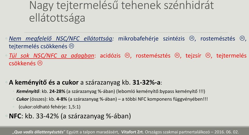 szárazanyag kb. 31-32%-a: Keményítő: kb. 24-28% (a szárazanyag %-ában) (lebomló keményítő:bypass keményítő!!!) Cukor (összes): kb.