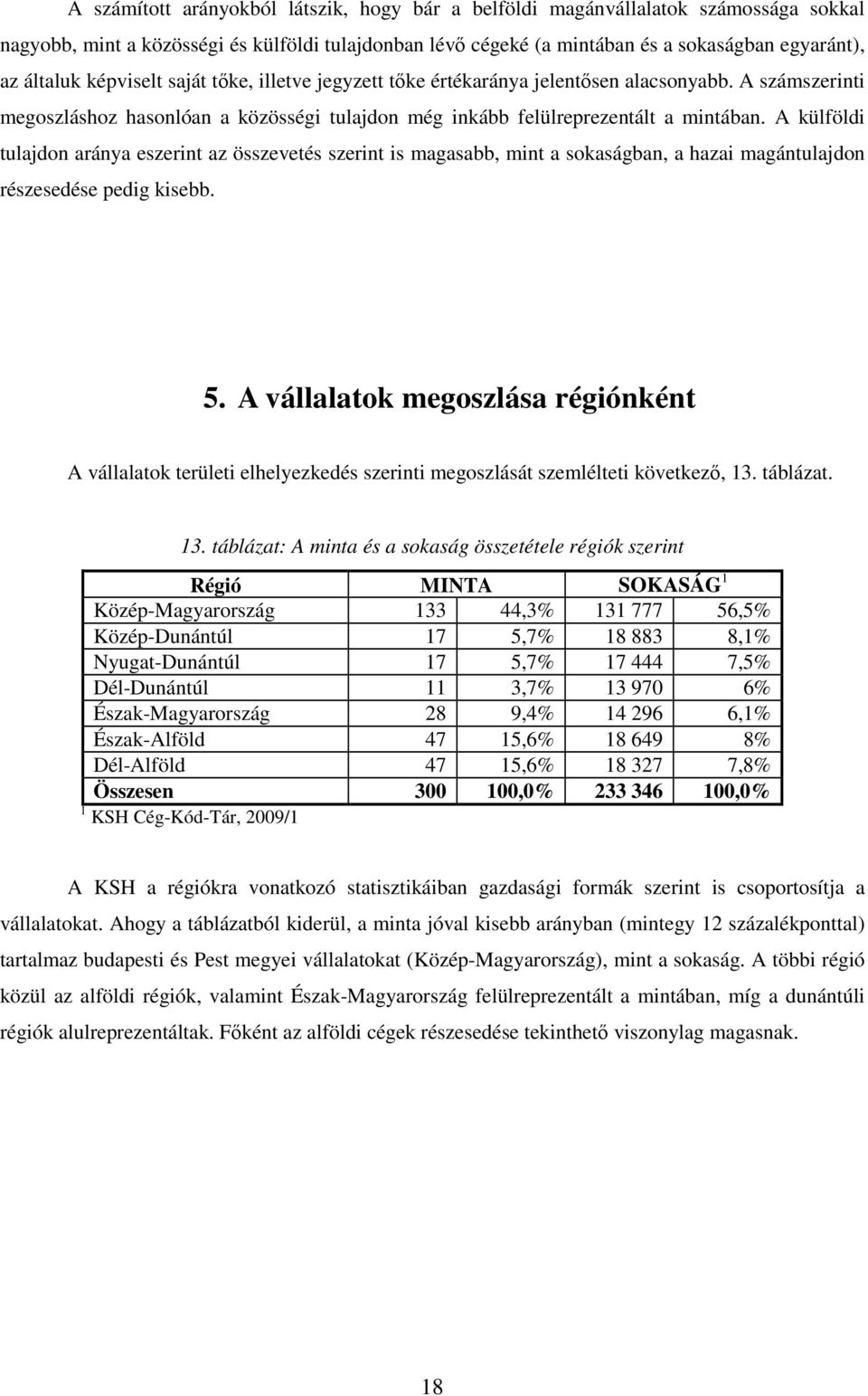 A külföldi tulajdon aránya eszerint az összevetés szerint is magasabb, mint a sokaságban, a hazai magántulajdon részesedése pedig kisebb. 5.