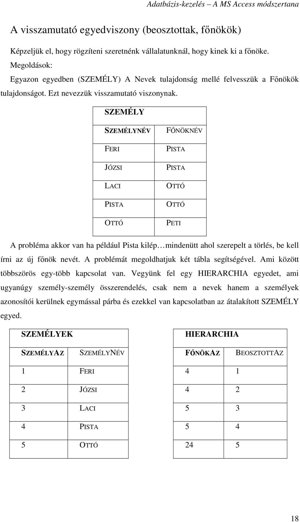 SZEMÉLY SZEMÉLYNÉV FERI JÓZSI LACI PISTA OTTÓ FİNÖKNÉV PISTA PISTA OTTÓ OTTÓ PETI A probléma akkor van ha például Pista kilép mindenütt ahol szerepelt a törlés, be kell írni az új fınök nevét.