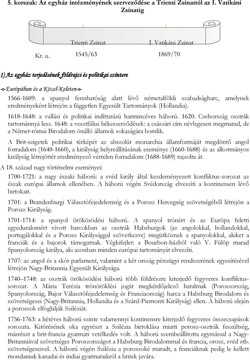 eredményeként létrejön a független Egyesült Tartományok (Hollandia). 1618-1648: a vallási és politikai indíttatású harmincéves háború. 1620: Csehország osztrák tartománnyá lesz.